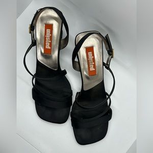 Unlisted black satin strap 2” heels